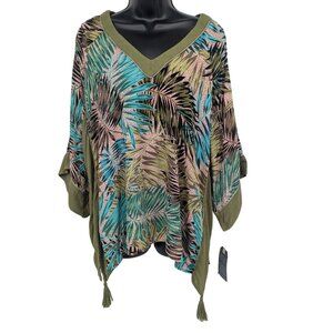 Democracy Tunic Top Women Size XL Cold Shoulder Palm Print Tropical Tassels Boho